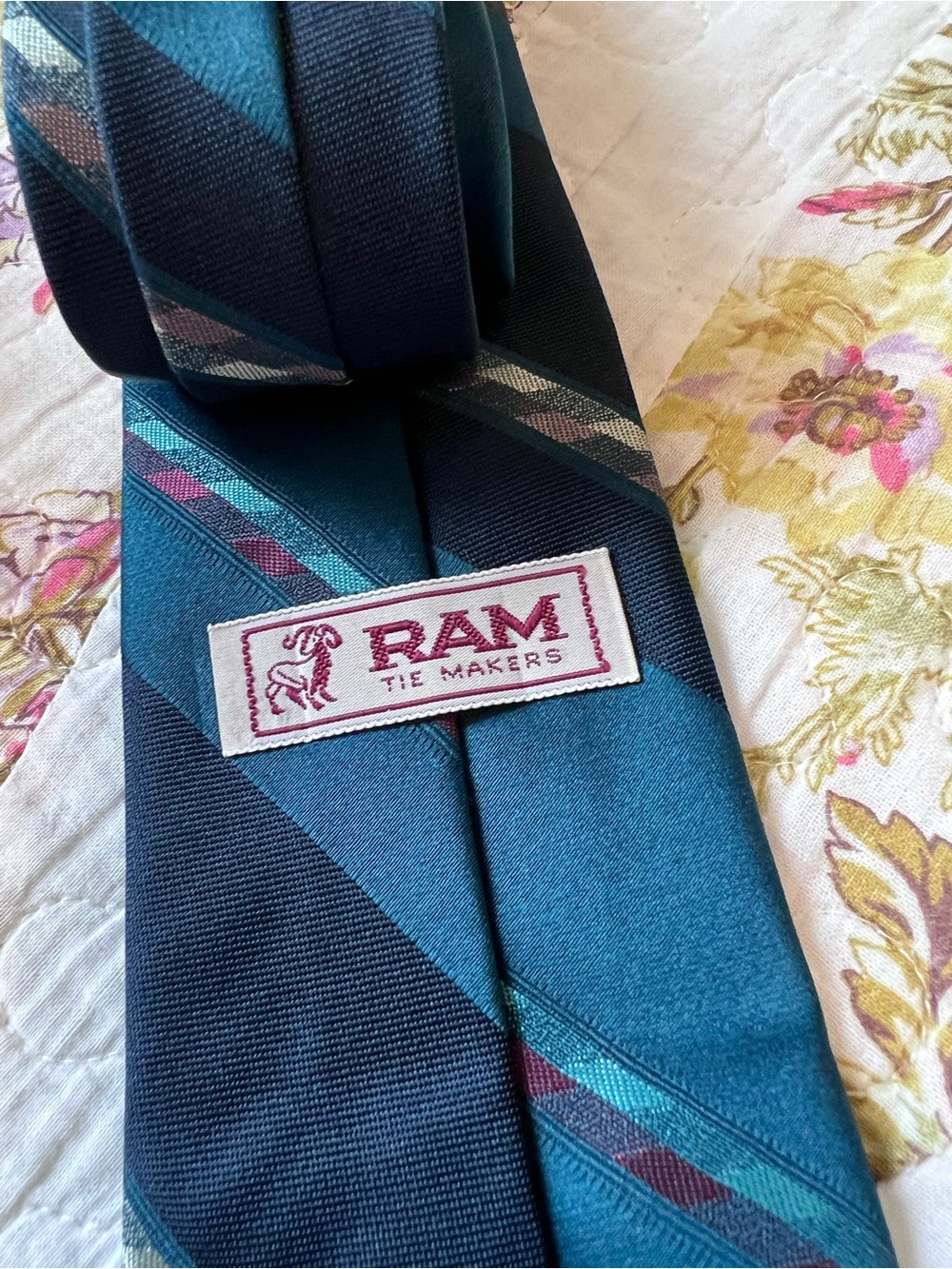 Vintage Men's Tie Lot 2pc Tergal Crest Striped Ram Tie Makers Teal Blue - Picture 5 of 8